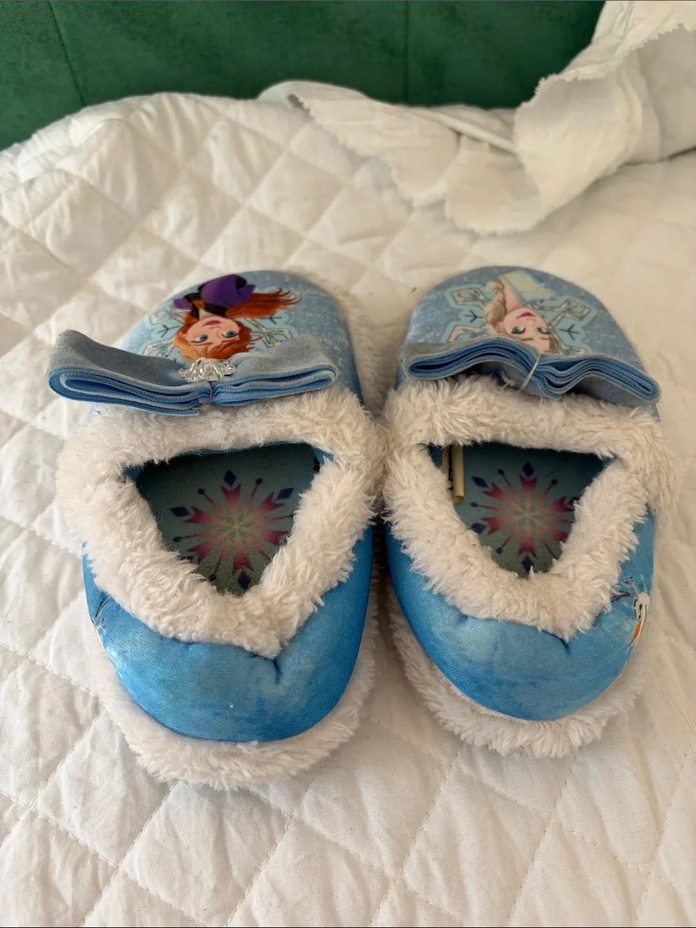 Girls Blue Frozen Character Plush Slip-On Slippers with Bow Detail